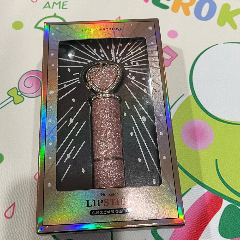 Red Lipstick in a Glittery Pink Tube with a Mirror Heart on Top - NIB - Picture 2 of 16